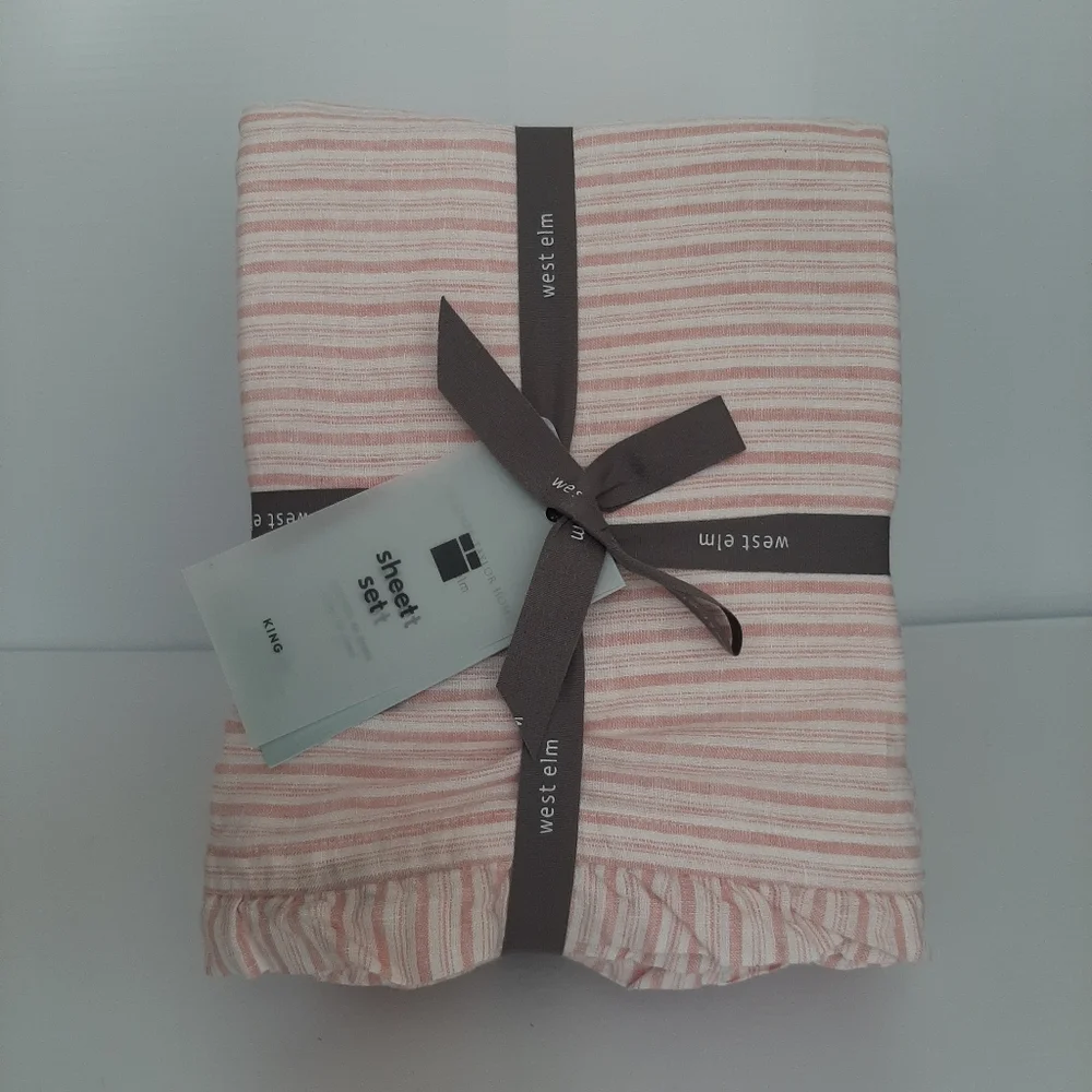 West Elm Heather Taylor Home Canyon Stripe Ruffle European Flax Linen Sheet Set